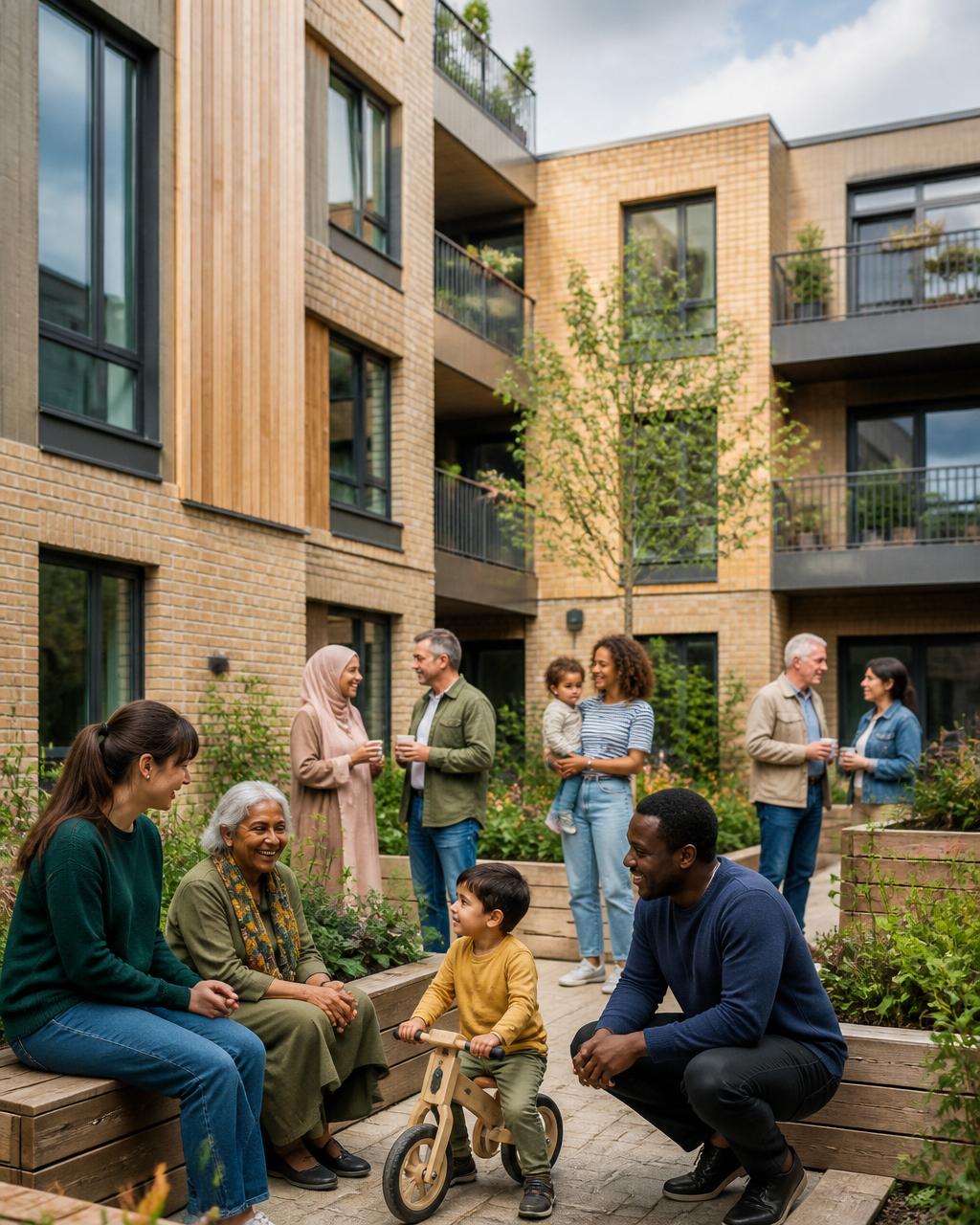 Diverse community residents gathered in a sustainable UK social housing courtyard