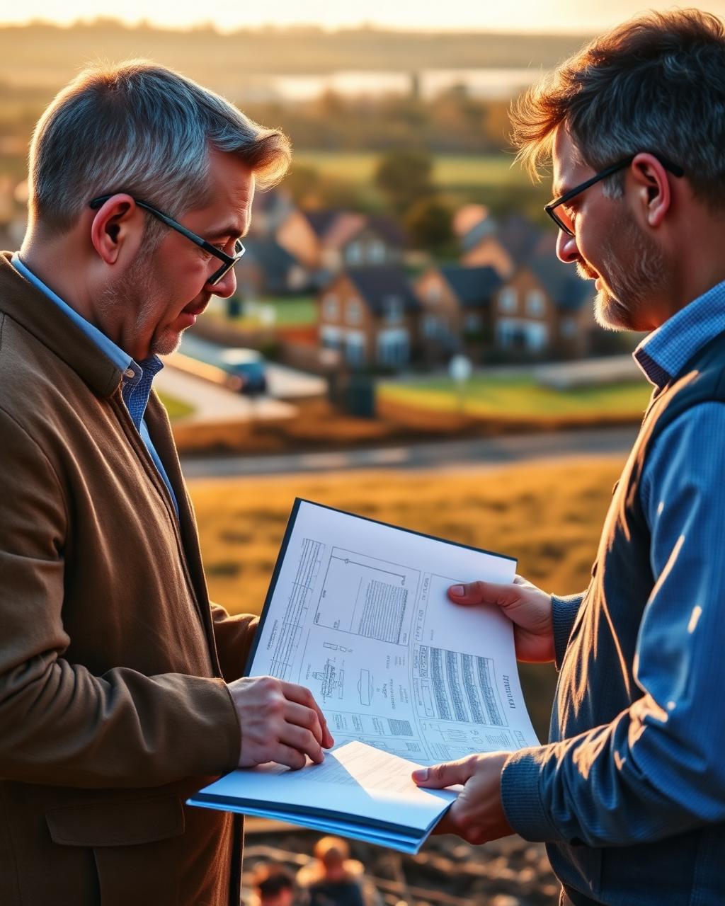Development professionals reviewing site plans at a UK land acquisition opportunity