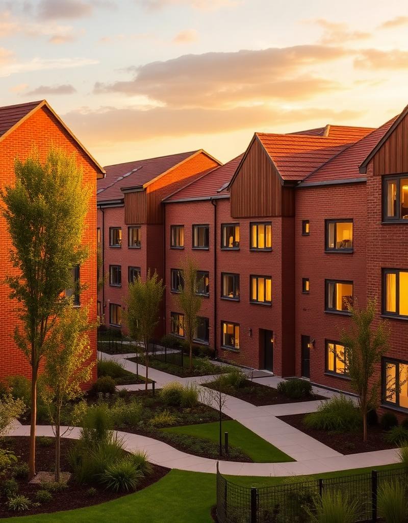 Modern sustainable UK social housing development at golden hour