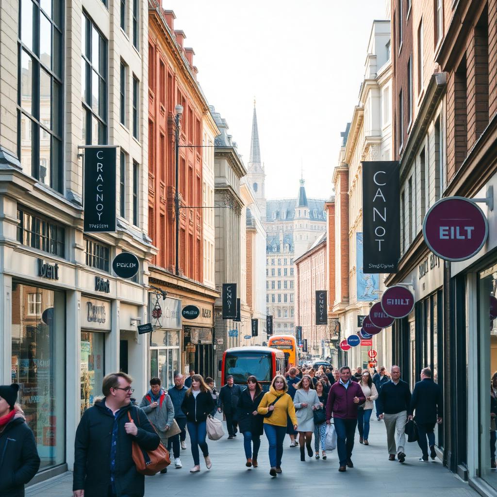 Busy UK city centre commercial street with historic architecture
